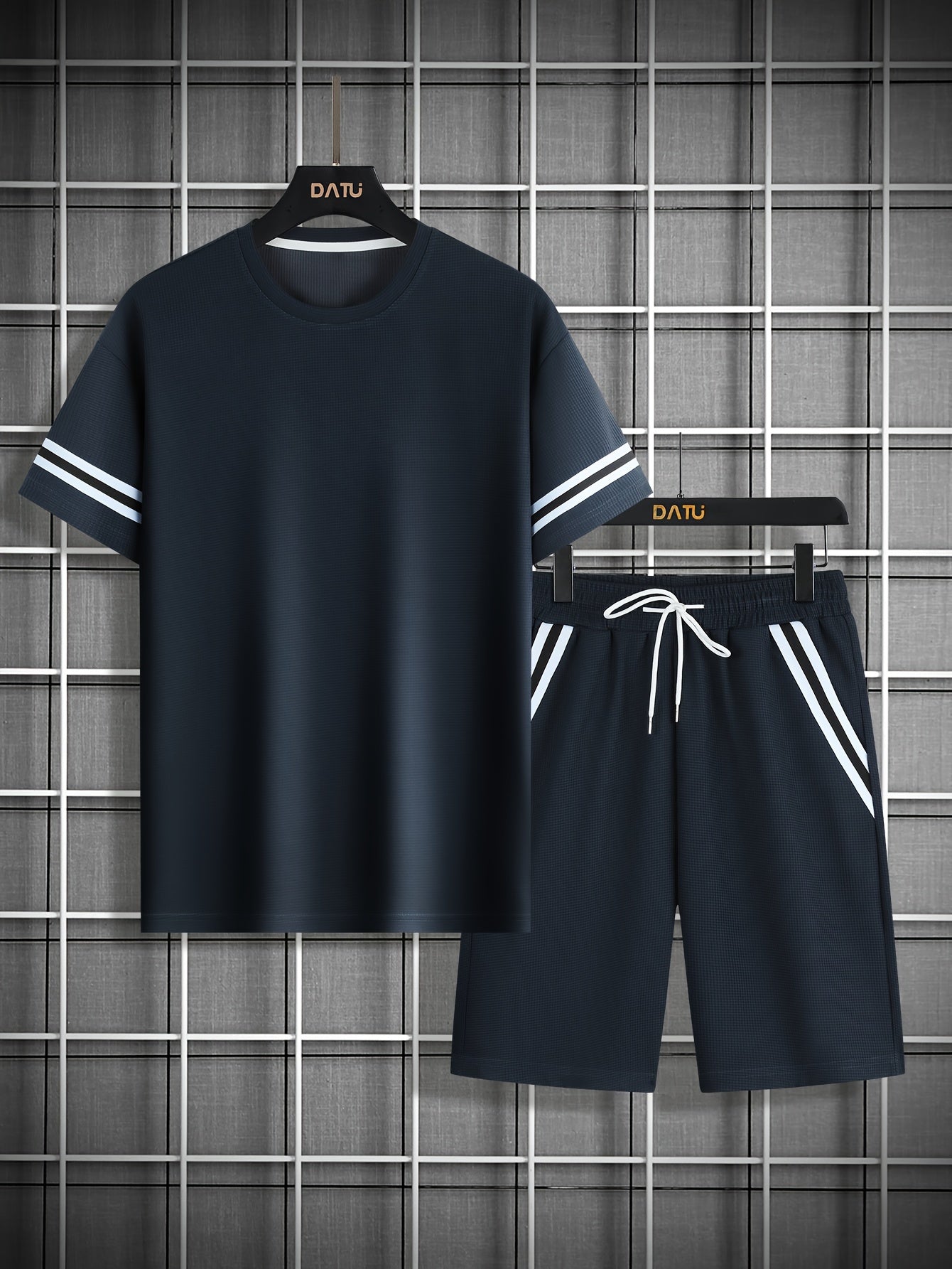Men's 2 Piece Outfits, Solid Color, Faux Two-Piece Casual Graphic Crew Neck T-shirt And Loose Drawstring Shorts Set, Men’s Clothing
