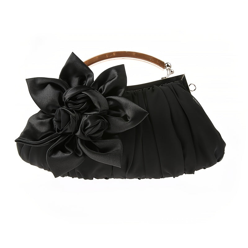 Floral Decor Clutch Bag, Elegant Ruched Detail Handbag, Women's Trendy Chain Shoulder Bag For Party