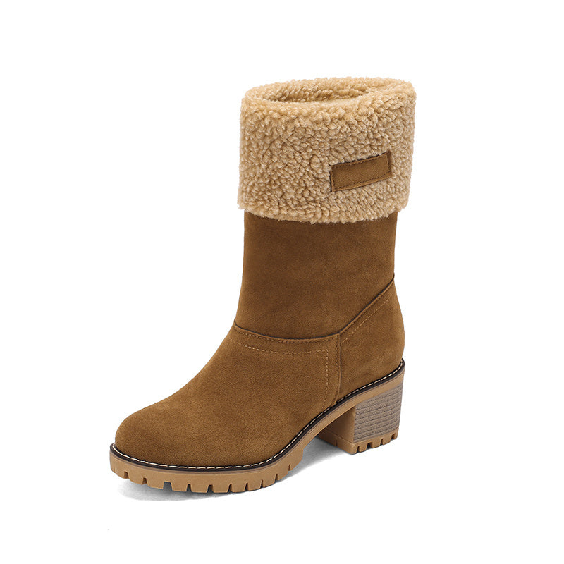 Mid Calf Snow Boots for Women - Stacked Block Heel, Plush Round Toe, Thermal Insulation, Slip-On Design, Solid Color, Winter Warmth and Comfort Shoes