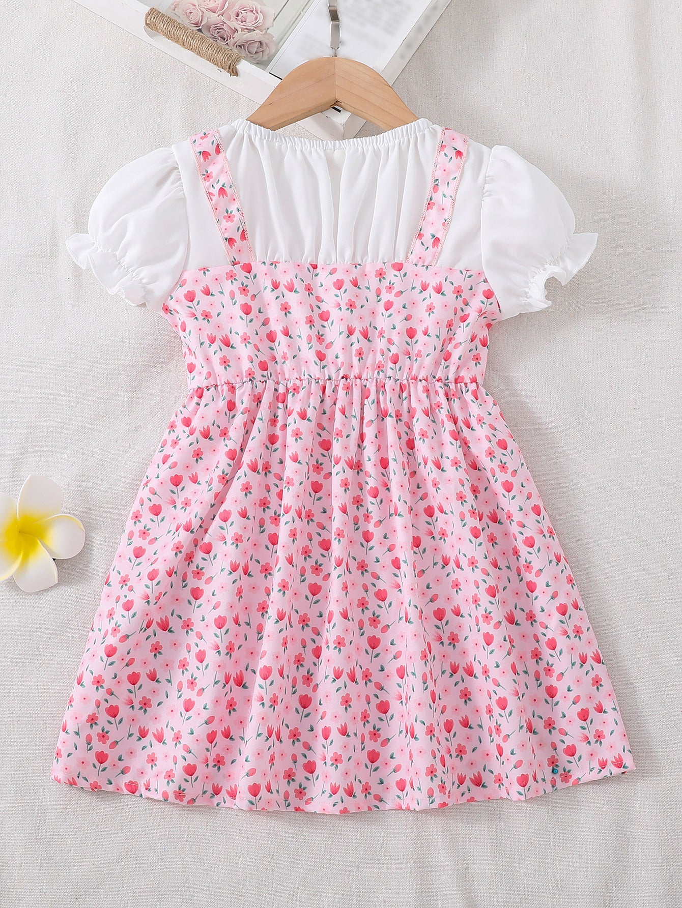 Toddler/ Kid Girls Cute Floral Dress Suit - Short Sleeve Patchwork A-line Dress + Pretty Heart Shaped Bag Set Kids Summer Clothes