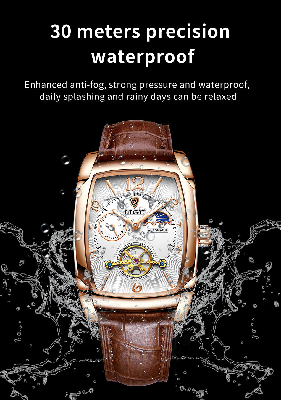 LIGE 2023 Vintage-Inspired Mechanical Men's Watch – Waterproof, Rectangular Leather Timepiece, Perfect Gift