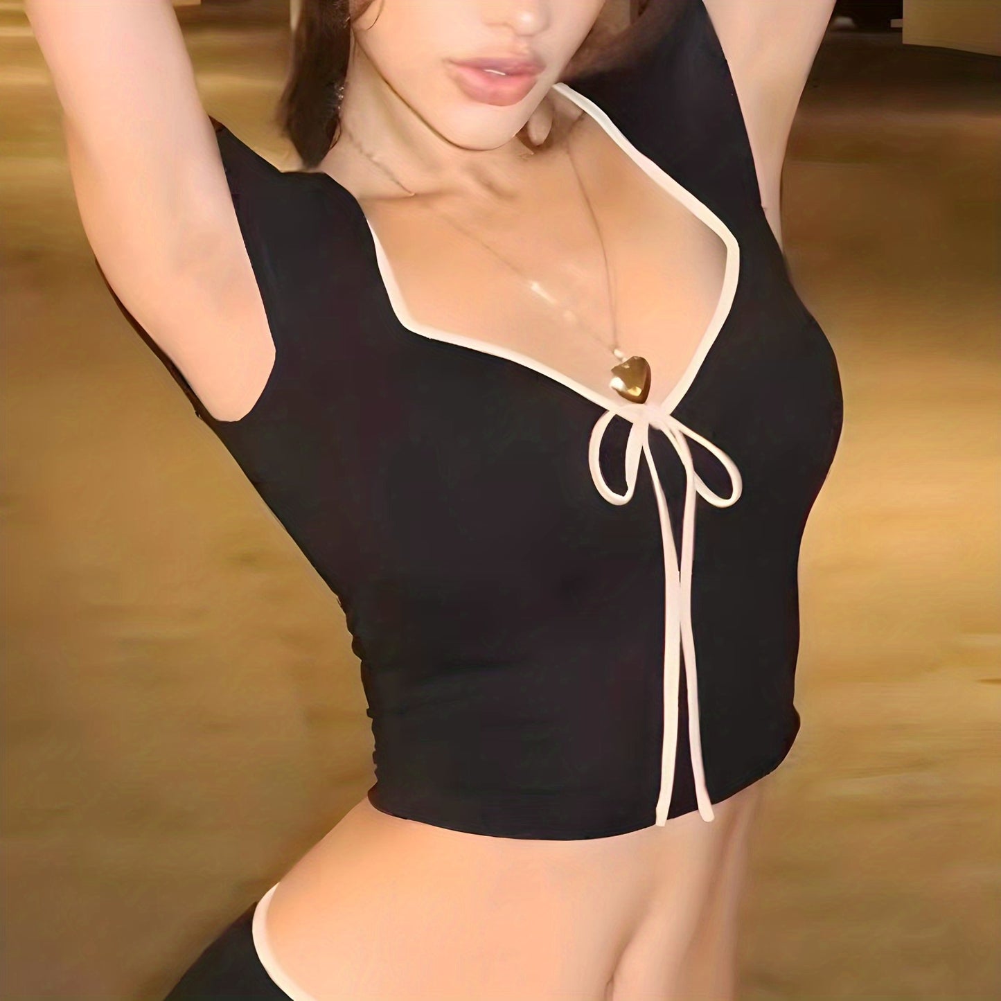 Sexy Bow Tie Cropped T-Shirt - Short Sleeve, Slim Fit, Coquette Y2K Style, Women's Clothing for Fashionistas - Perfect for Date Nights, Casual Outings, and Summer Events