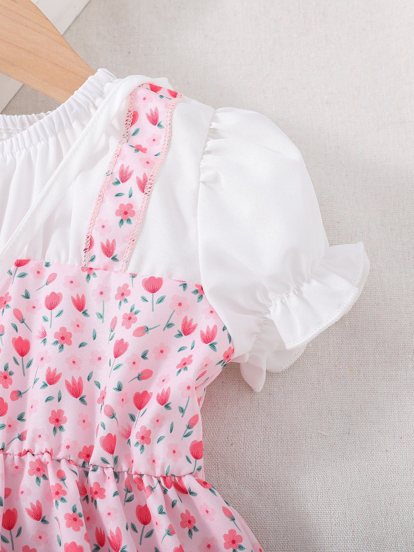 Toddler/ Kid Girls Cute Floral Dress Suit - Short Sleeve Patchwork A-line Dress + Pretty Heart Shaped Bag Set Kids Summer Clothes