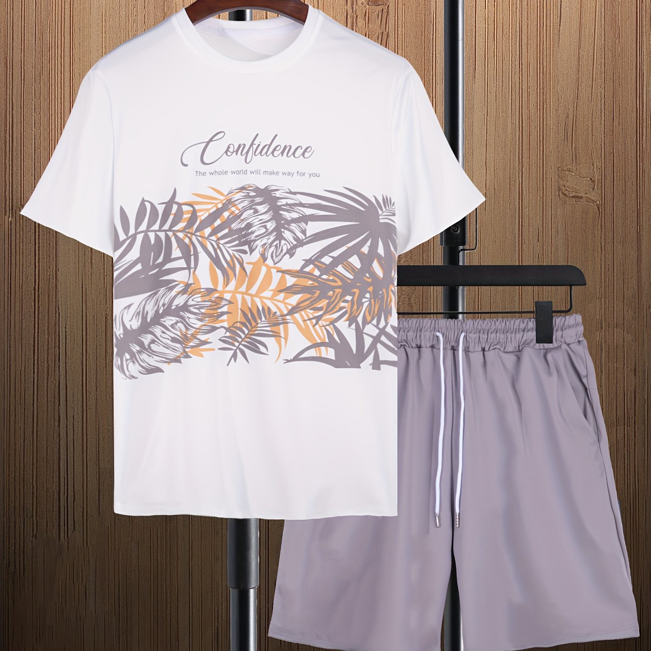 Mens Trendy Leaf Print 2-Piece Outfit - Relaxed Fit T-Shirt & Adjustable Drawstring Shorts - Comfortable Casual Wear