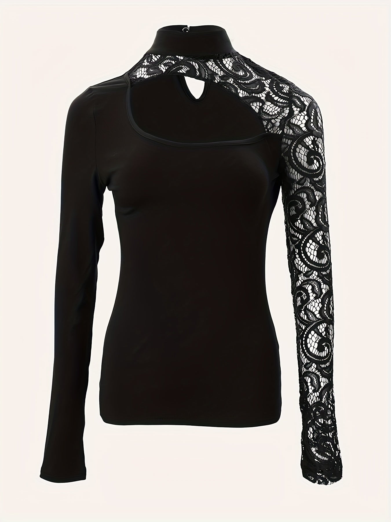 Cutout Lace Stitching T-Shirt, Casual Mock Neck Long Sleeve Top For Spring & Summer, Women's Clothing