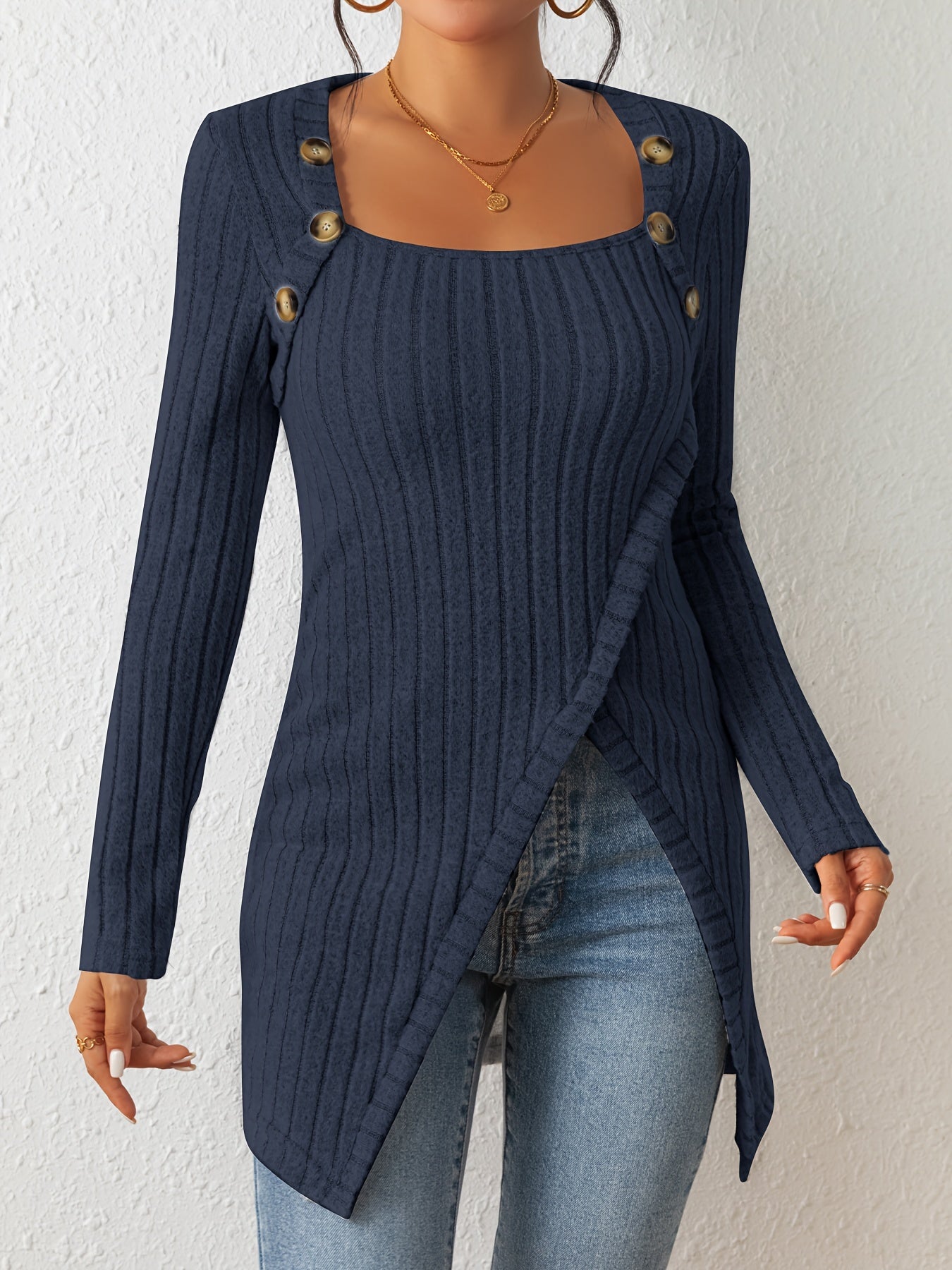 Button Decor Asymmetrical Hem T-Shirt, Casual Ribbed Long Sleeve Top For Spring & Fall, Women's Clothing