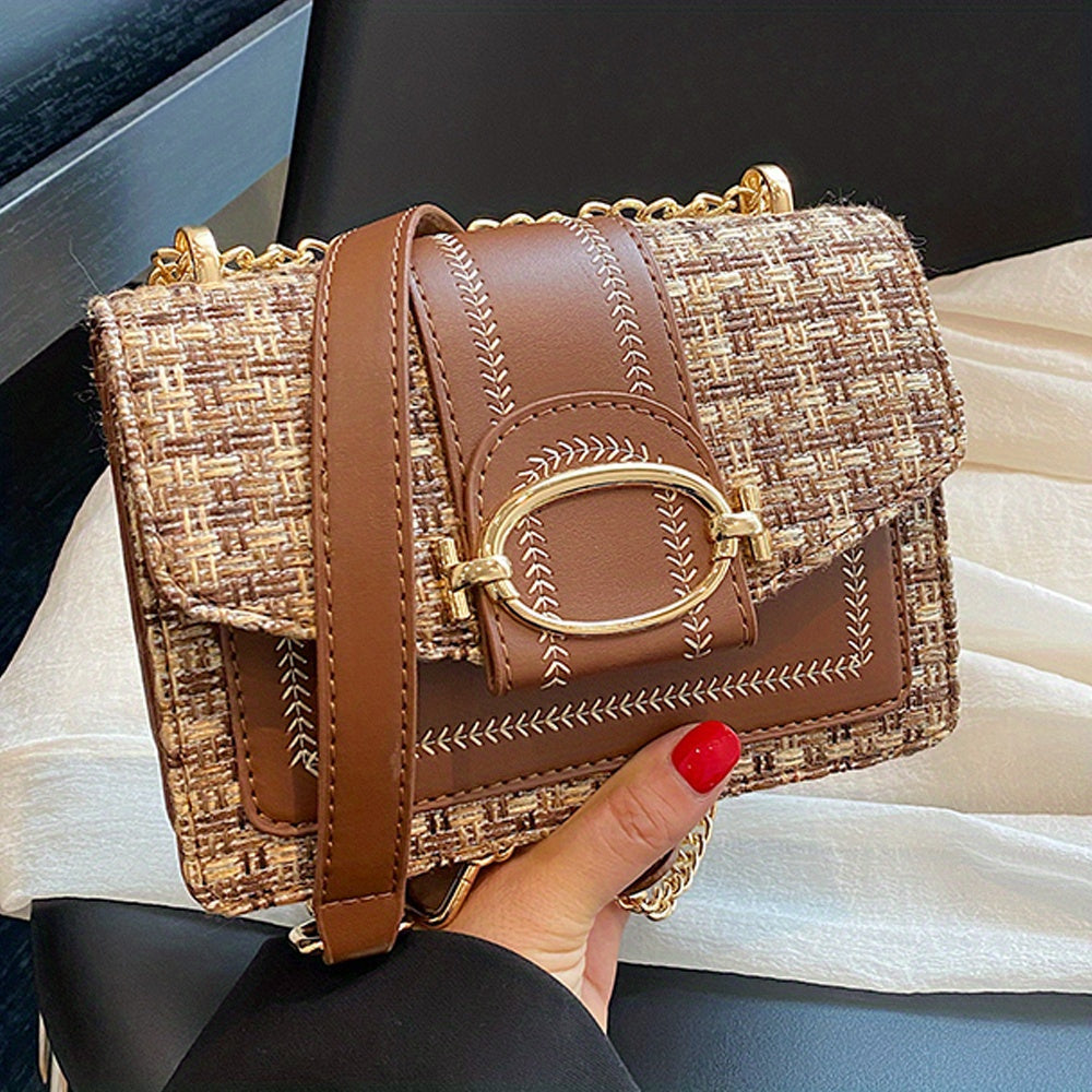 Mini Plaid Pattern Tweed Bag, Buckle Decor Shoulder Square Bag, Chain Crossbody Flap Purse For Everyday