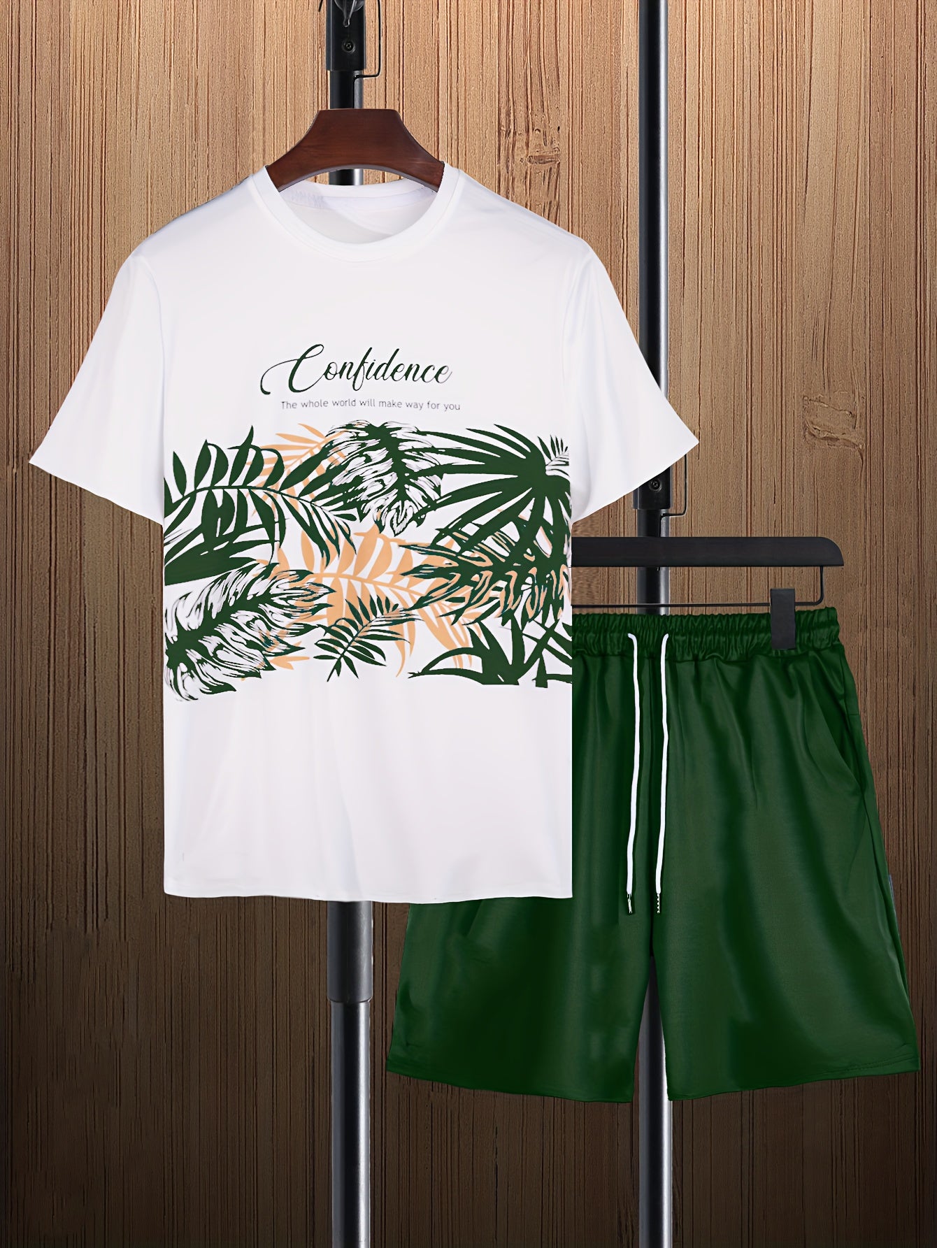 Mens Trendy Leaf Print 2-Piece Outfit - Relaxed Fit T-Shirt & Adjustable Drawstring Shorts - Comfortable Casual Wear