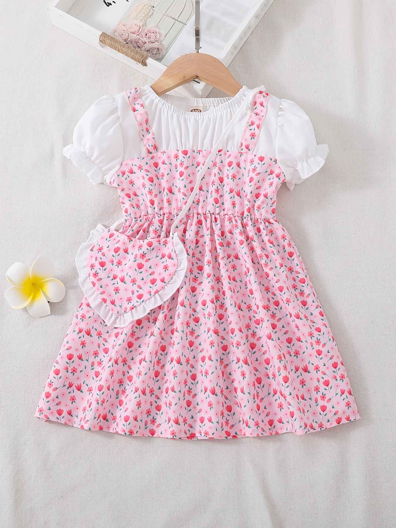Toddler/ Kid Girls Cute Floral Dress Suit - Short Sleeve Patchwork A-line Dress + Pretty Heart Shaped Bag Set Kids Summer Clothes