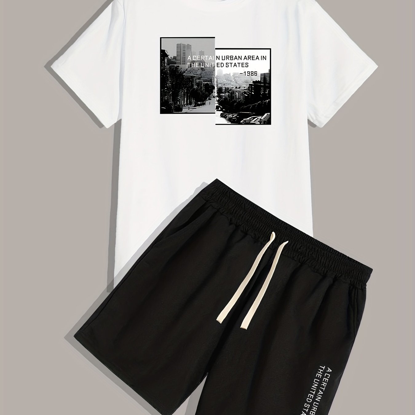 Urban Area, Men's 2pcs, Short Sleeve Round Neck T-Shirt And Drawstring Shorts Set
