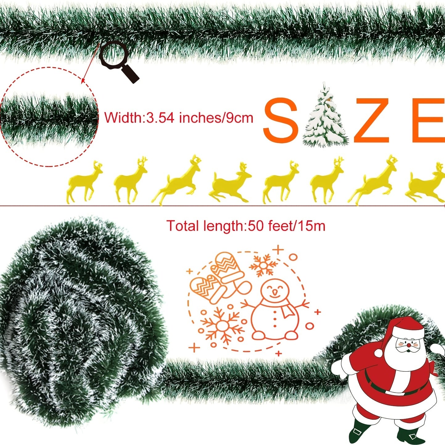 50 Feet Garland For Christmas Decorations, Green Snowy Garland, Artificial Christmas Pine Streamers For Party Hanging Ceiling Decorations