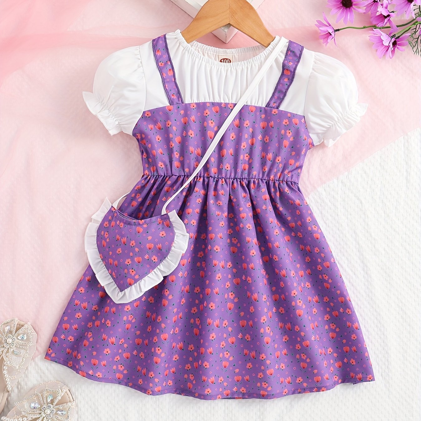 Toddler/ Kid Girls Cute Floral Dress Suit - Short Sleeve Patchwork A-line Dress + Pretty Heart Shaped Bag Set Kids Summer Clothes