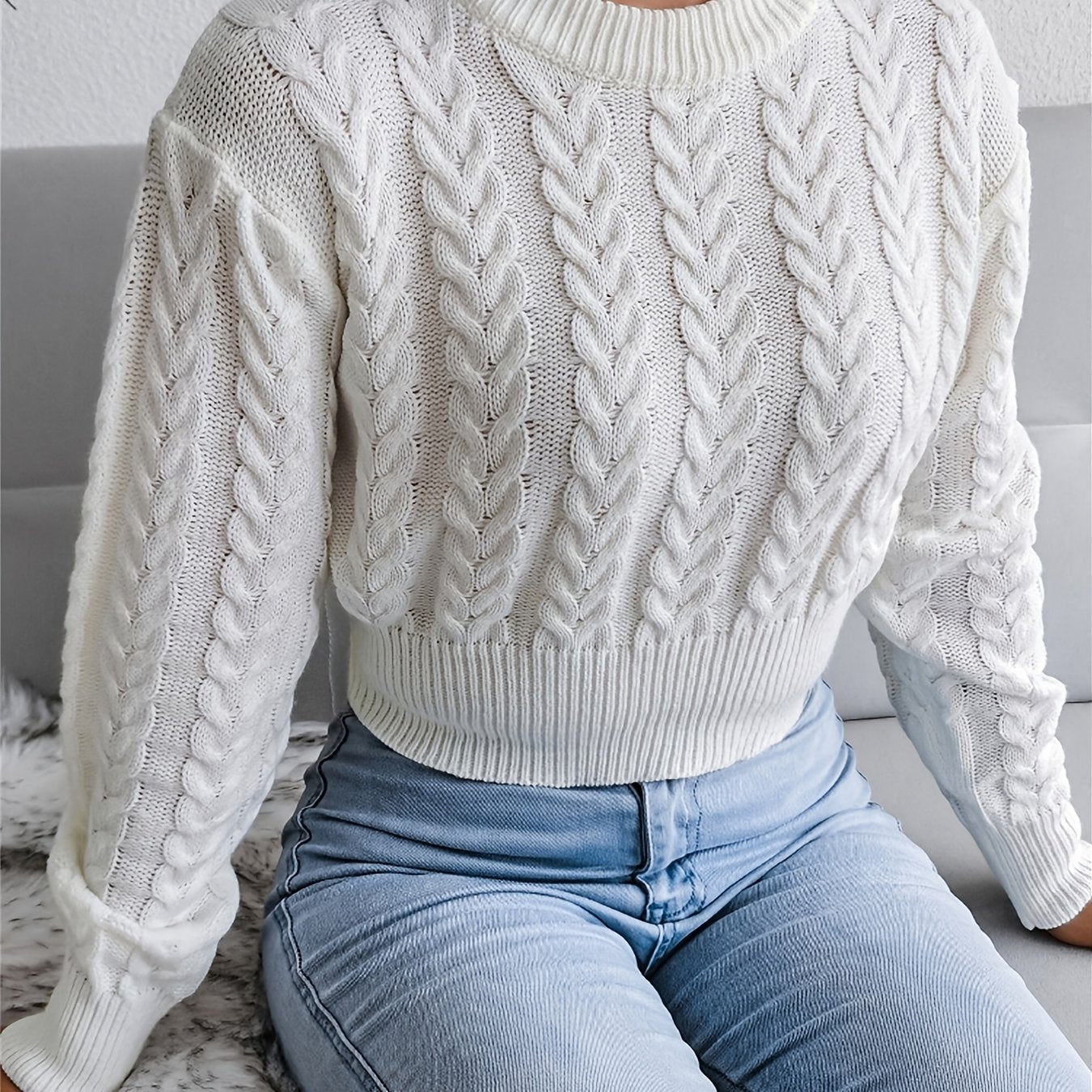 Cable Crew Neck Crop Sweater, Casual Waist Long Sleeve Fall Winter Knit Crop Sweater, Women's Clothing