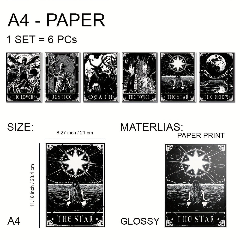 6pcs/set Black White Tarot Posters Wall Art, Living Room Bedroom Modern Wall Painting No Frame
