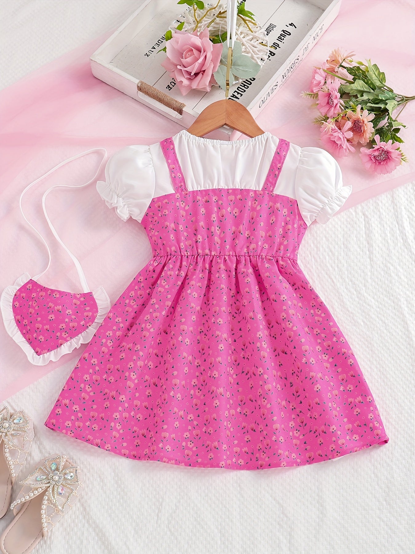 Toddler/ Kid Girls Cute Floral Dress Suit - Short Sleeve Patchwork A-line Dress + Pretty Heart Shaped Bag Set Kids Summer Clothes