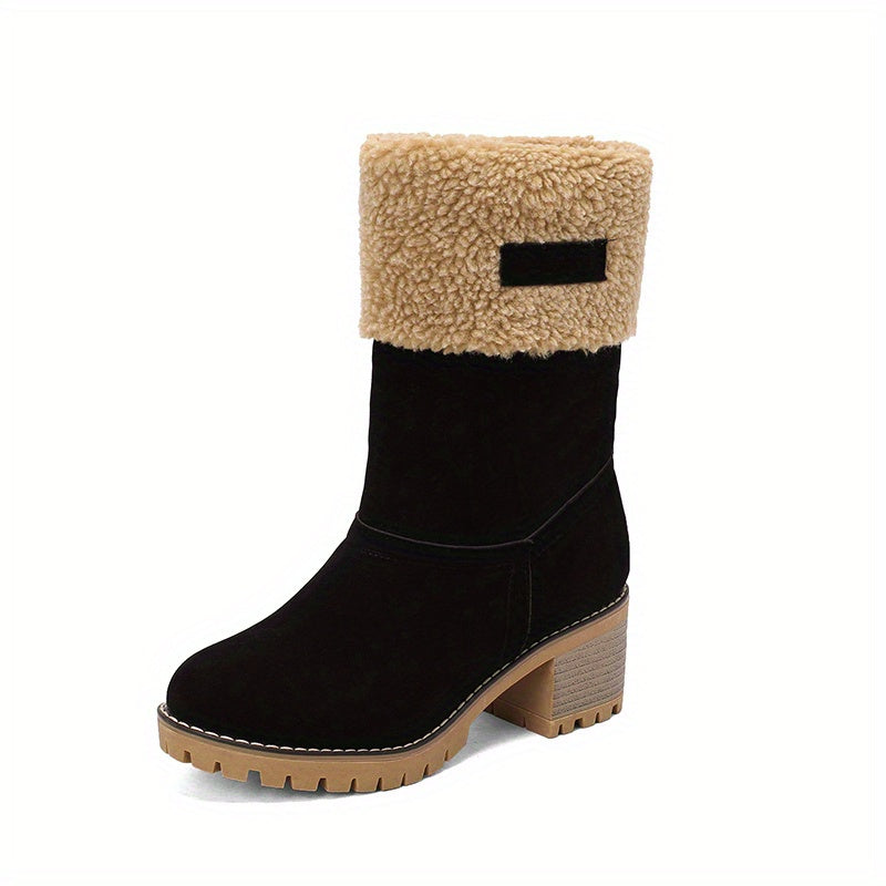 Mid Calf Snow Boots for Women - Stacked Block Heel, Plush Round Toe, Thermal Insulation, Slip-On Design, Solid Color, Winter Warmth and Comfort Shoes