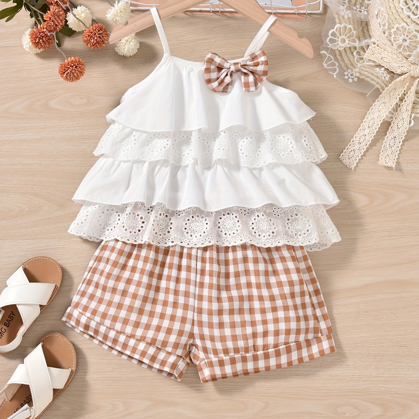 2pcs Ruffles Cami Top & Elastic Waist Plaid Shorts Set - Girls Summer Clothes with Flower Hollow Bow