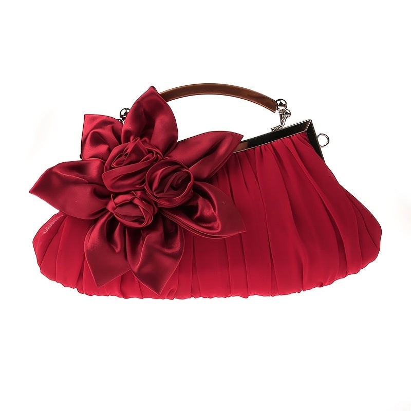 Floral Decor Clutch Bag, Elegant Ruched Detail Handbag, Women's Trendy Chain Shoulder Bag For Party