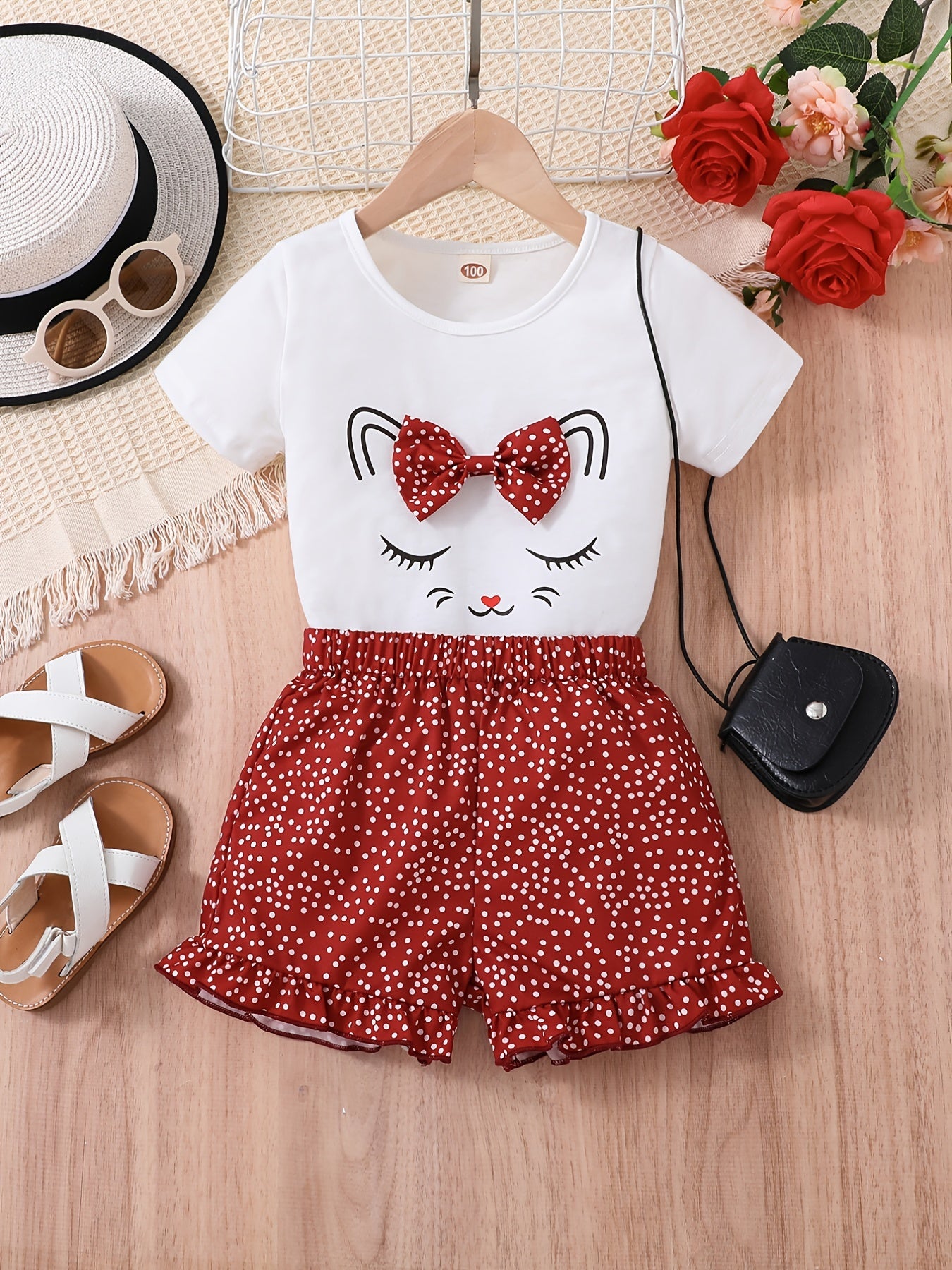2pcs Girls Cute Cat Graphic Bow T-Shirts Round Neck Short Sleeve Tees Top & Elastic Waist Polka Dots Ruffled Hem Shorts Set Kids Summer Clothes