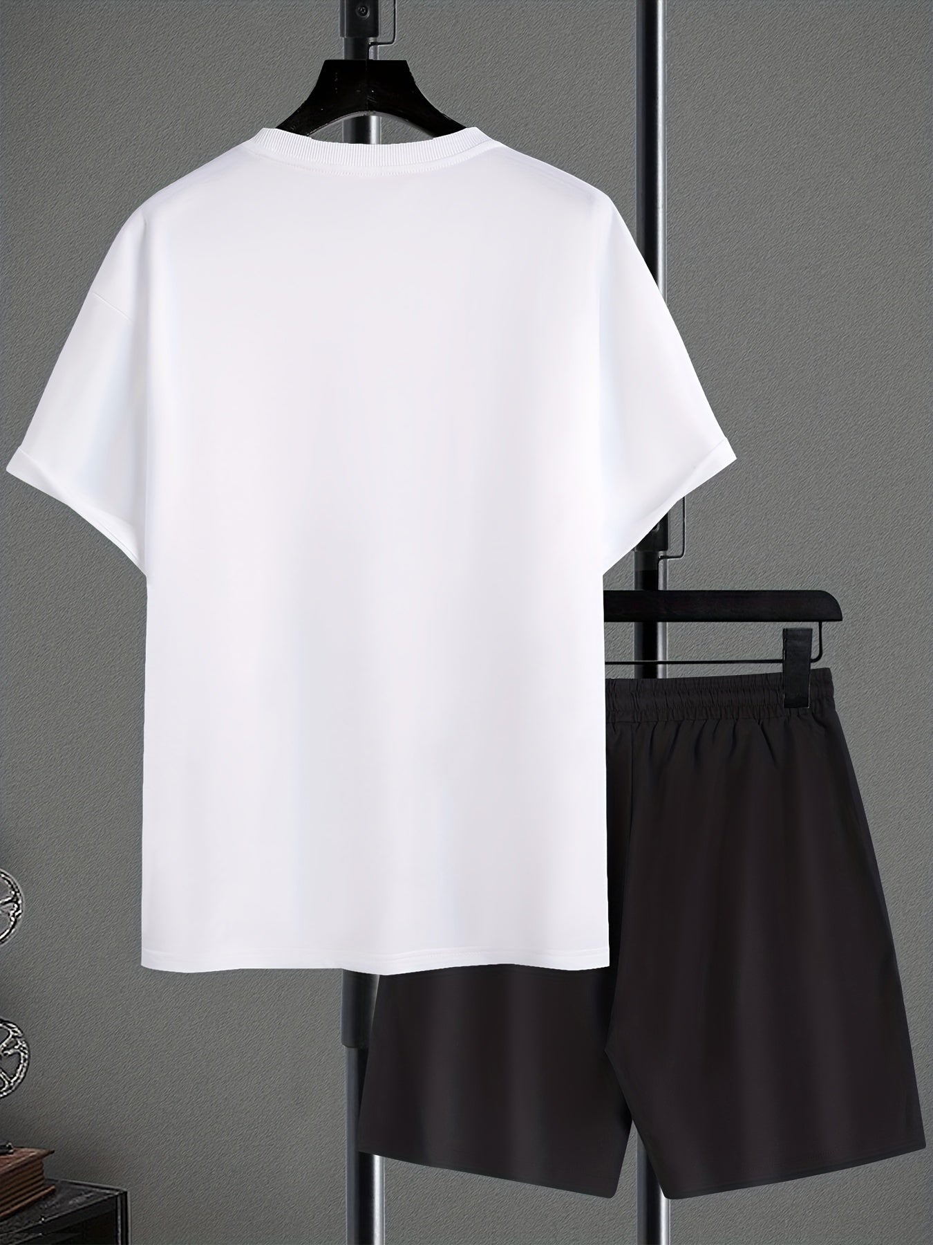 Men's Cartoon Letter Graphic Drop Shoulder Short Sleeve Crew Neck T-shirt & Drawstring Pockets Shorts Loungewear Set, Casual Fashion Skin-friendly And Comfortable Pajama Set, Plus Size