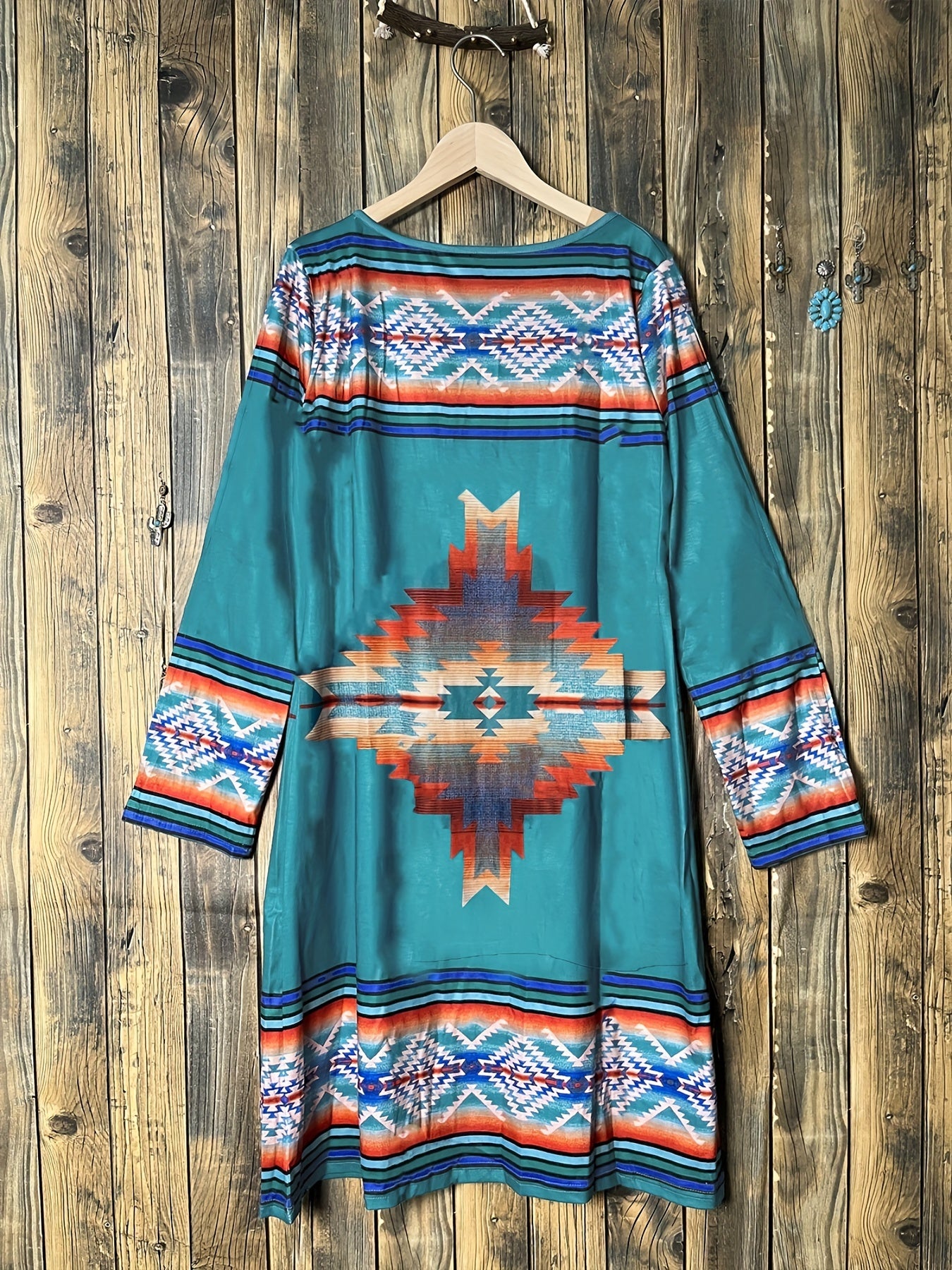 Aztec Print Ethnic Split Sleeve Dress, Boho Vintage V Neck Mini Dress, Women's Clothing