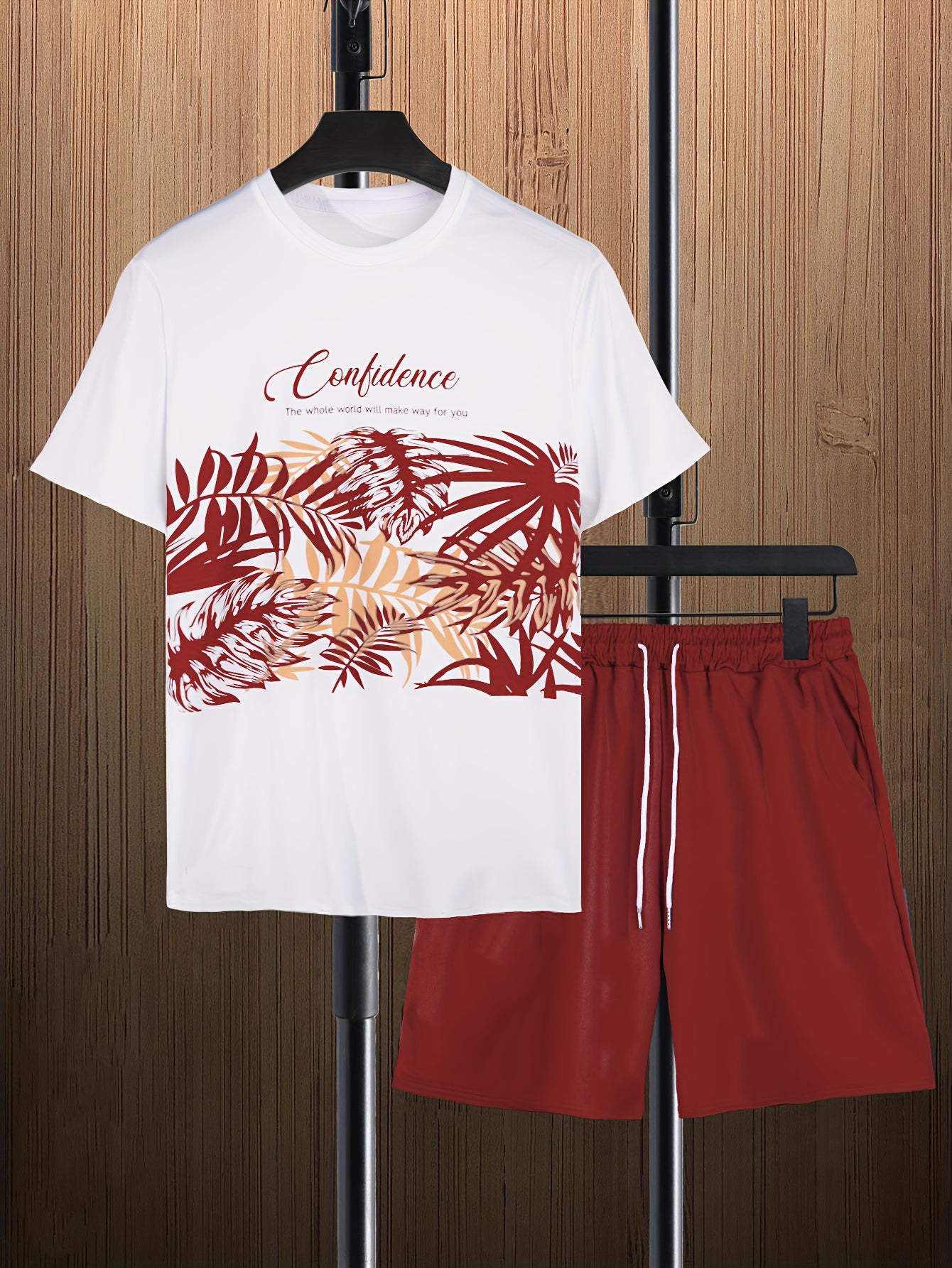 Mens Trendy Leaf Print 2-Piece Outfit - Relaxed Fit T-Shirt & Adjustable Drawstring Shorts - Comfortable Casual Wear