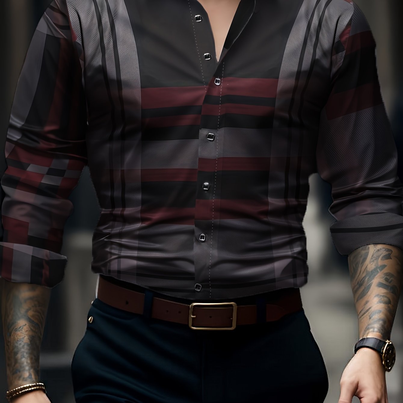 Non-Positional Cut Men's Casual Business Shirt with Plaid Print