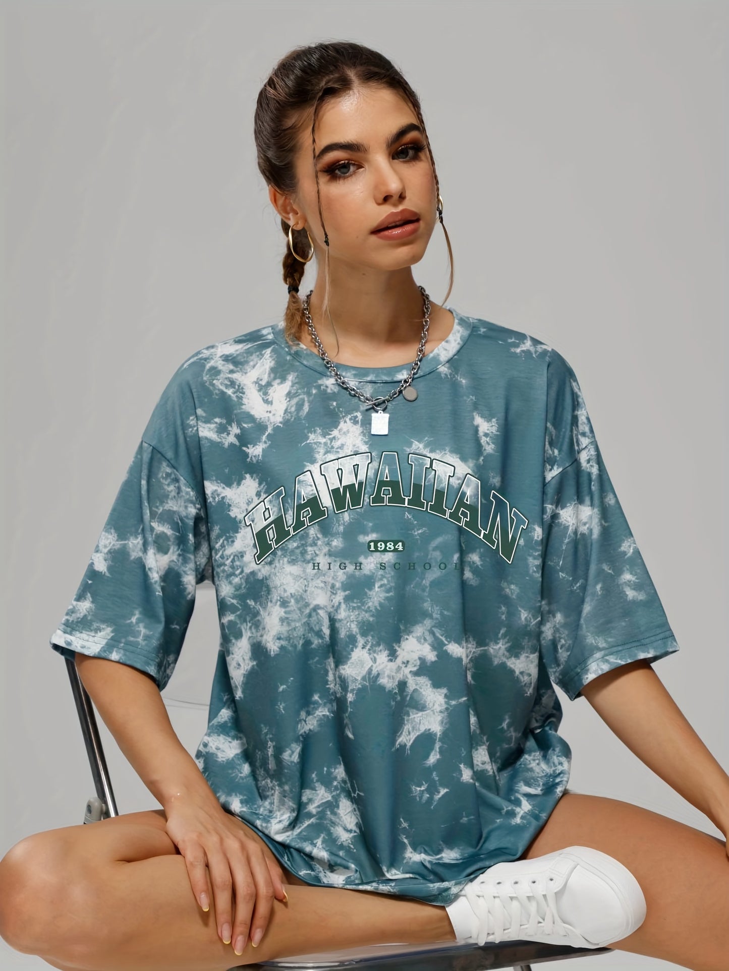 Women's Tie Dye Letter Graphic Tee, Casual Loose Sports Crew Neck T-shirt, Women's Tops