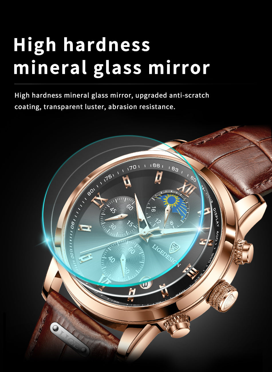LIGE Men Watch Luxury PU Leather Sport Quartz Wristwatch Chronograph Watch For Men Masculino Men Gift Christmas Gift