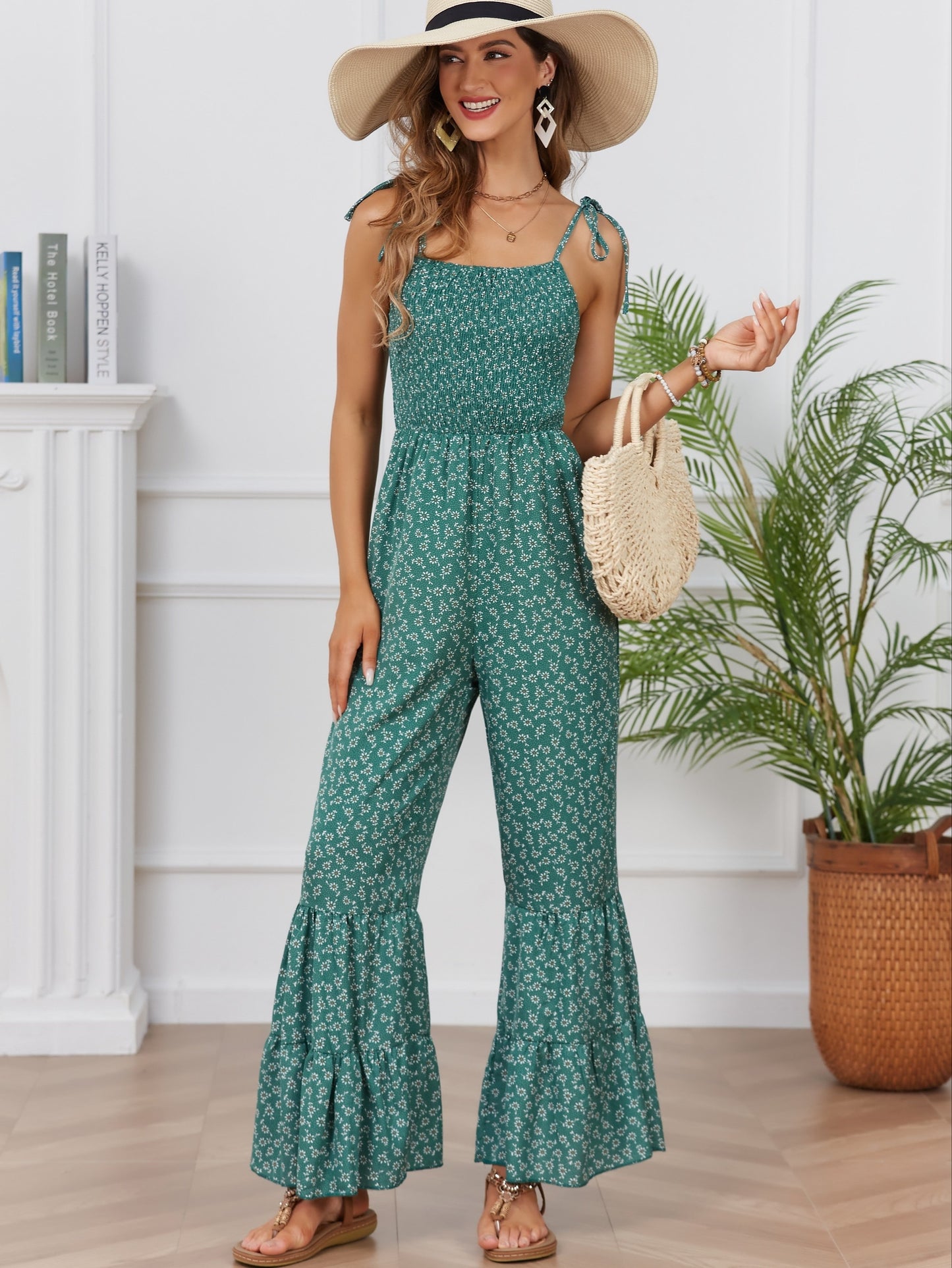Bohemian Chic Ditsy Floral Print Jumpsuit - Lightweight & Breathable Sleeveless Spaghetti Strap Vacation Wear - Flared Leg Womens Casual Fashion