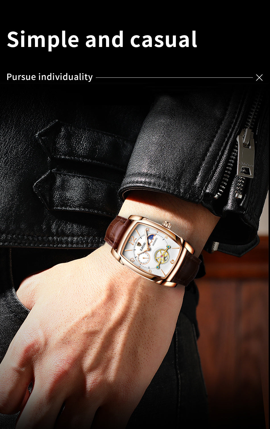 LIGE 2023 Vintage-Inspired Mechanical Men's Watch – Waterproof, Rectangular Leather Timepiece, Perfect Gift