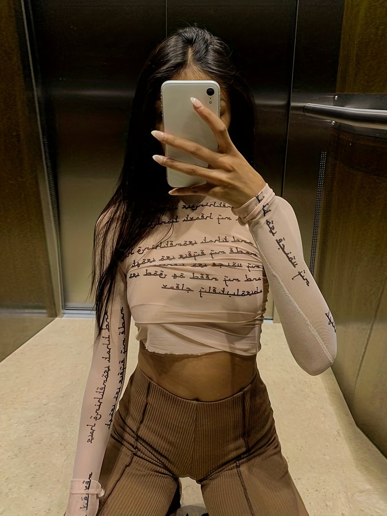Trendy Letter Print Mesh Top - Fashionable & Breathable Semi-sheer Womens T-shirt - Long Sleeve Spring & Summer Essential