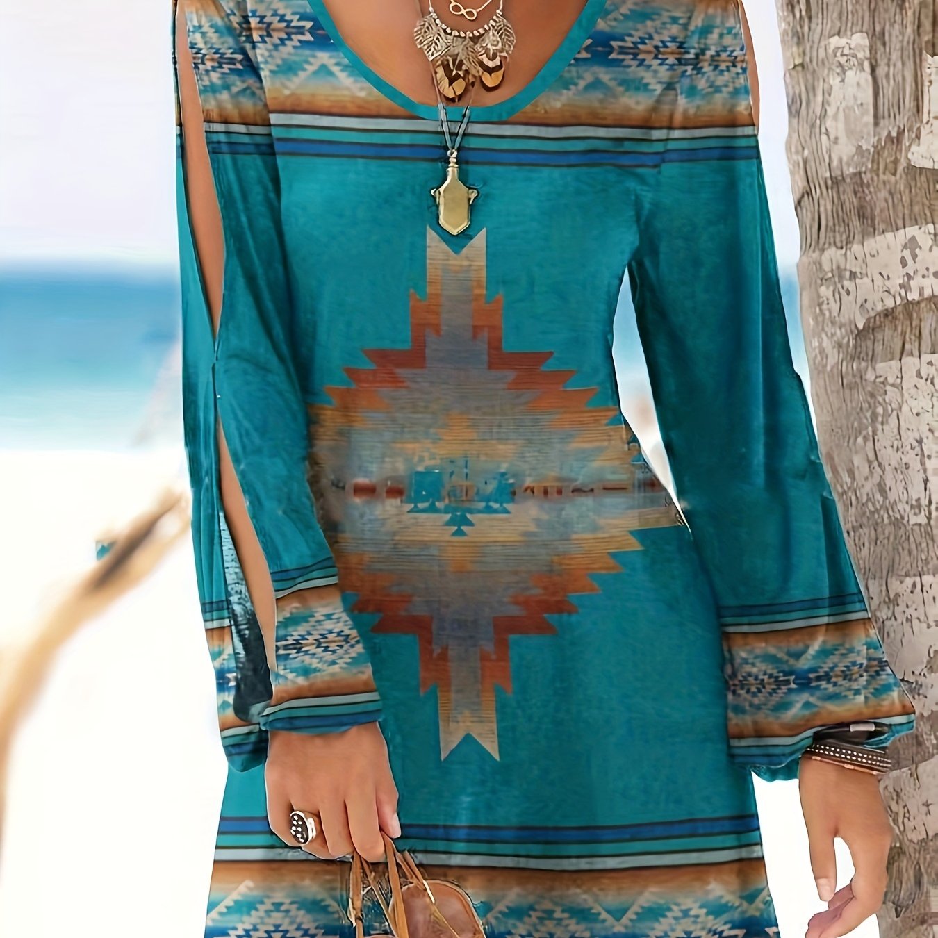 Aztec Print Ethnic Split Sleeve Dress, Boho Vintage V Neck Mini Dress, Women's Clothing