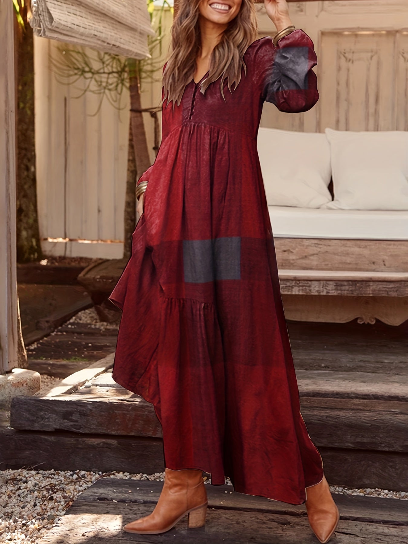 Patchwork Print Loose Dress, Boho V Neck Long Sleeve Dress, Women's Clothing