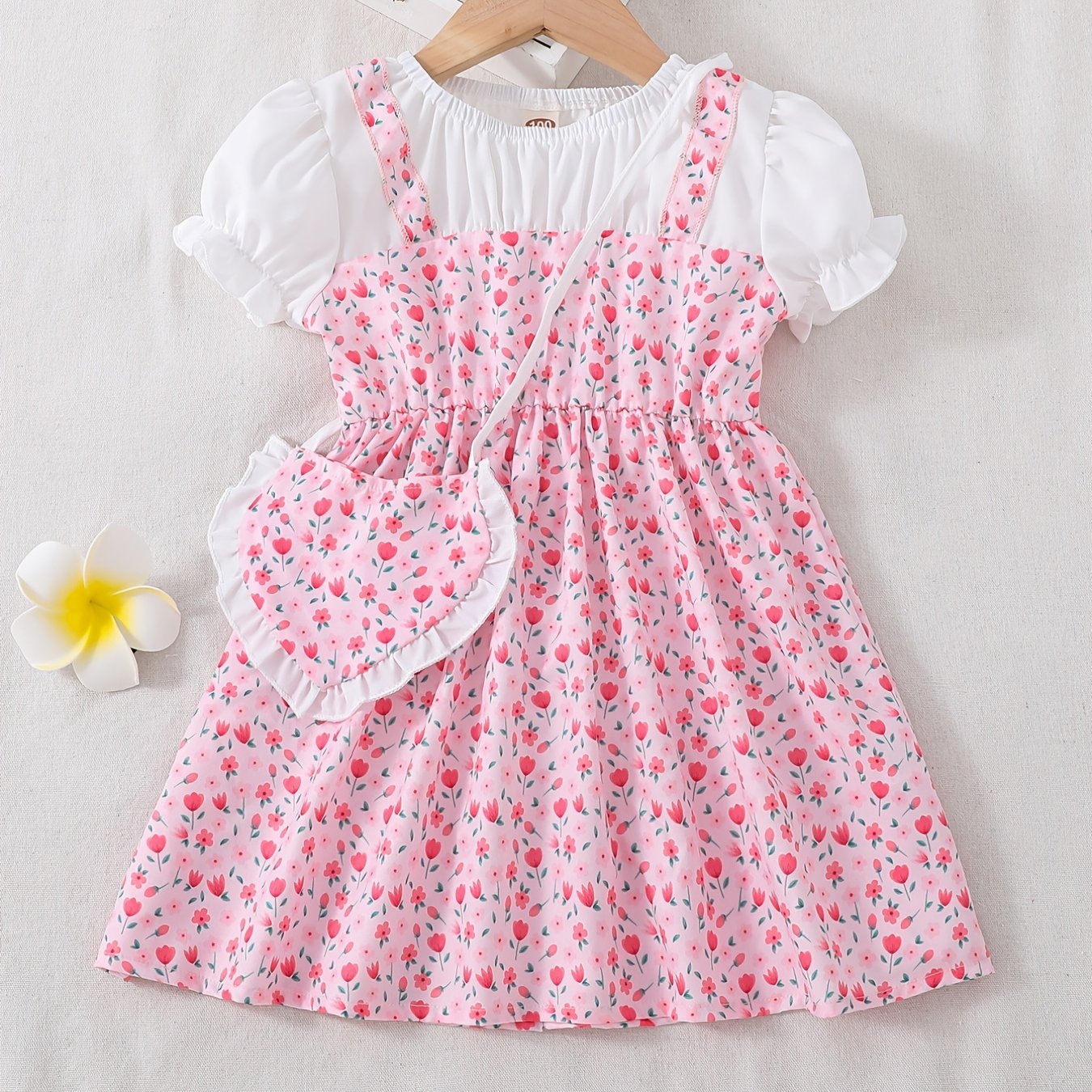 Toddler/ Kid Girls Cute Floral Dress Suit - Short Sleeve Patchwork A-line Dress + Pretty Heart Shaped Bag Set Kids Summer Clothes