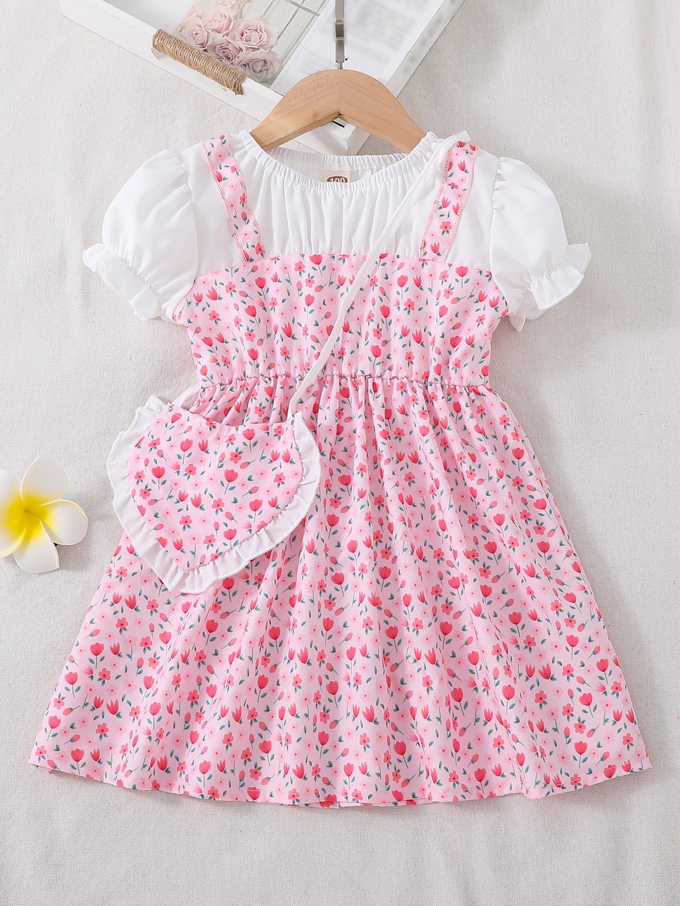 Toddler/ Kid Girls Cute Floral Dress Suit - Short Sleeve Patchwork A-line Dress + Pretty Heart Shaped Bag Set Kids Summer Clothes