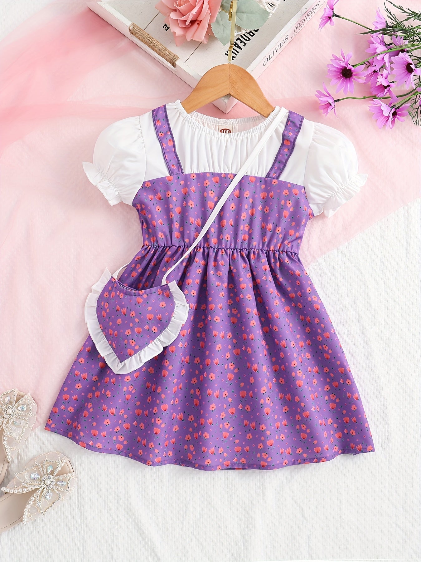 Toddler/ Kid Girls Cute Floral Dress Suit - Short Sleeve Patchwork A-line Dress + Pretty Heart Shaped Bag Set Kids Summer Clothes