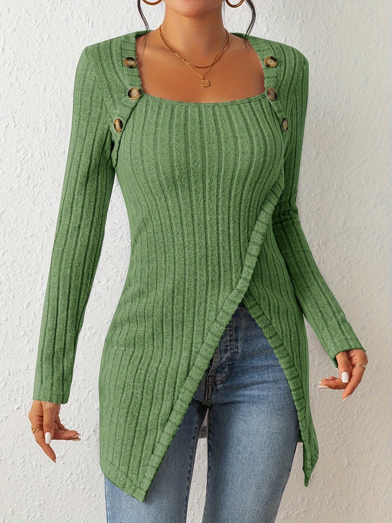 Button Decor Asymmetrical Hem T-Shirt, Casual Ribbed Long Sleeve Top For Spring & Fall, Women's Clothing