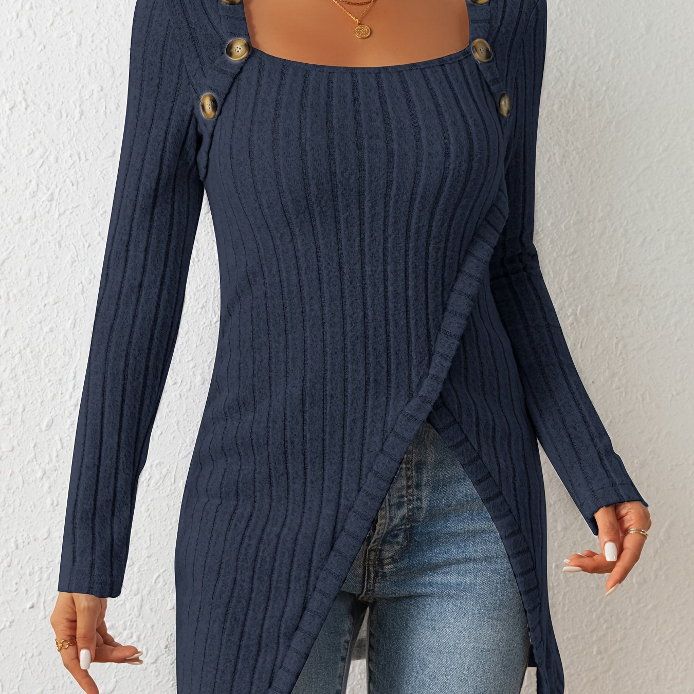 Button Decor Asymmetrical Hem T-Shirt, Casual Ribbed Long Sleeve Top For Spring & Fall, Women's Clothing