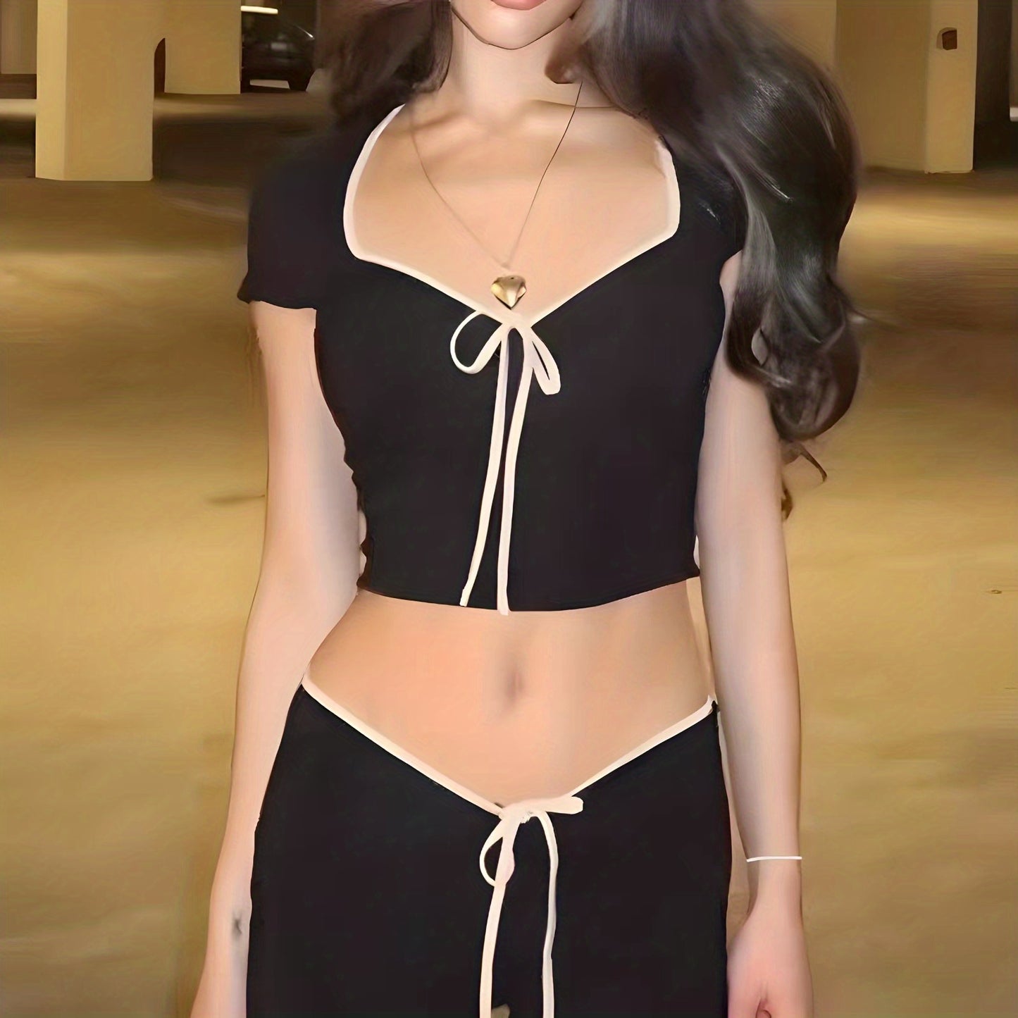 Sexy Bow Tie Cropped T-Shirt - Short Sleeve, Slim Fit, Coquette Y2K Style, Women's Clothing for Fashionistas - Perfect for Date Nights, Casual Outings, and Summer Events
