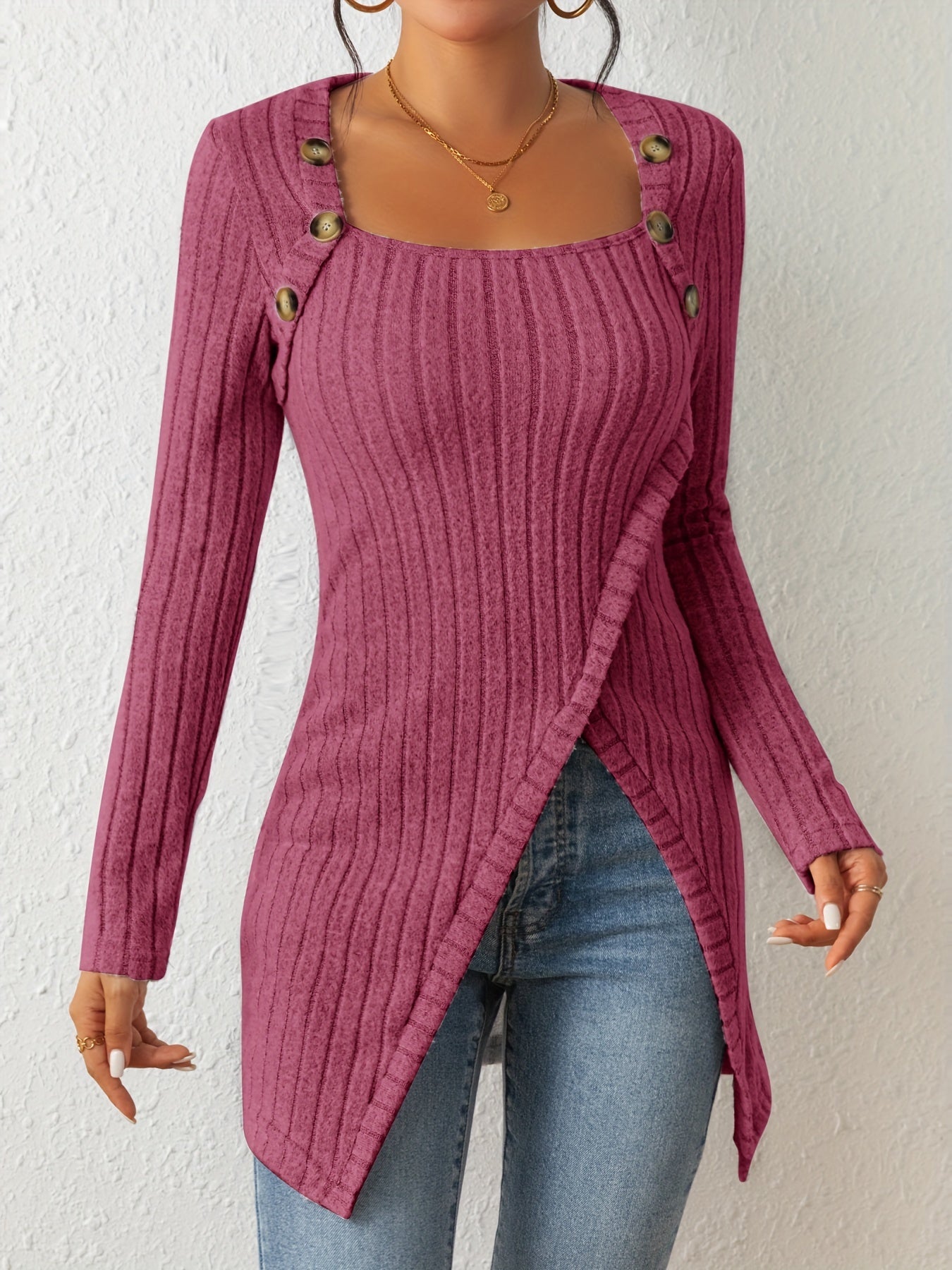 Button Decor Asymmetrical Hem T-Shirt, Casual Ribbed Long Sleeve Top For Spring & Fall, Women's Clothing