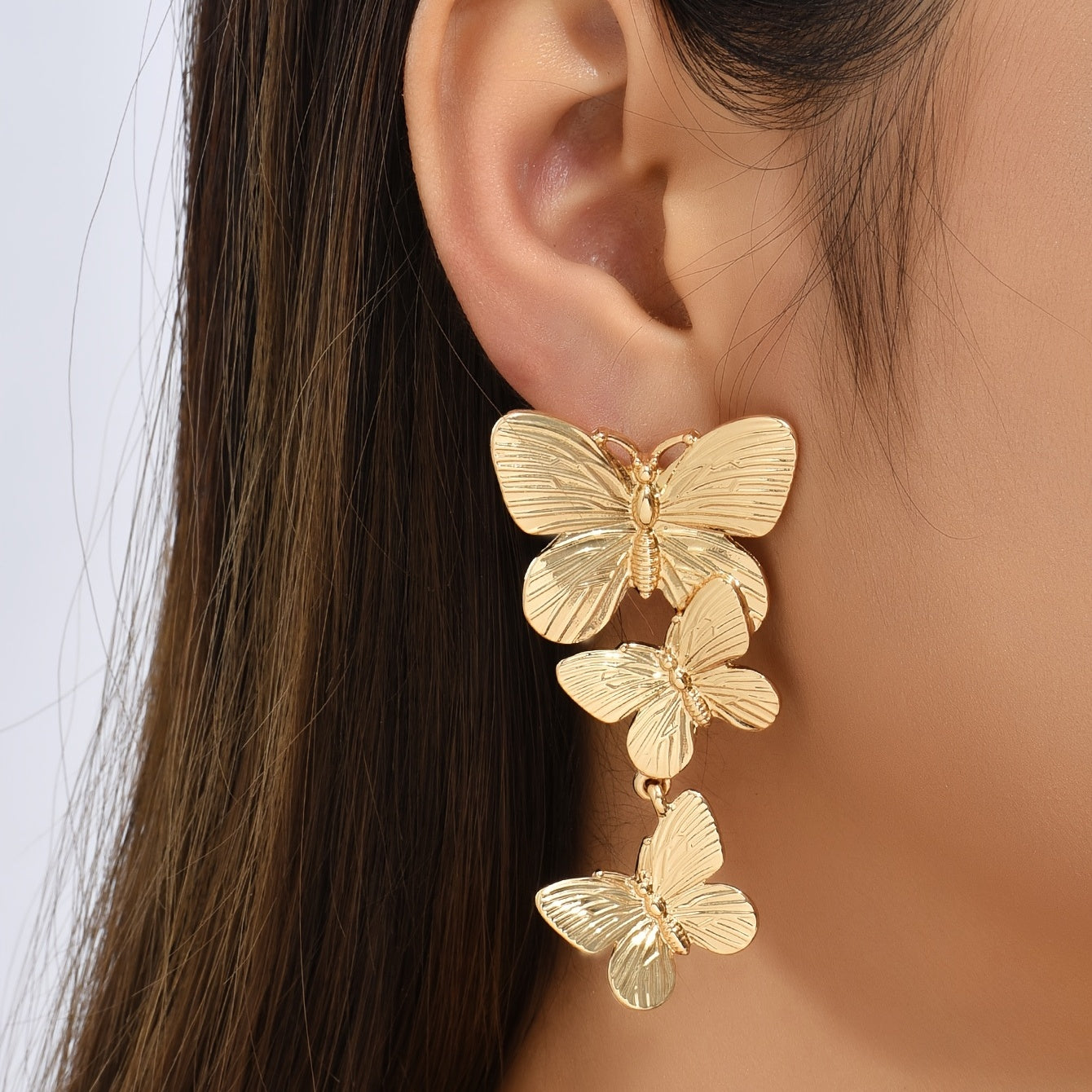 Large Golden Plated Dangling Butterfly Earrings - Unique Animal Design, Fashionable Ladies Jewelry Accessories - Exquisite Personalized Statement Piece for Women