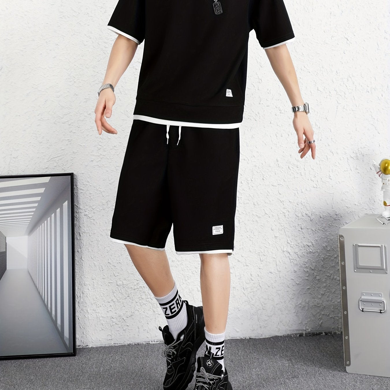 Men's 2 Piece Outfits, Solid Color, Faux Two-Piece Casual Graphic Crew Neck T-shirt And Loose Drawstring Shorts Set, Men’s Clothing