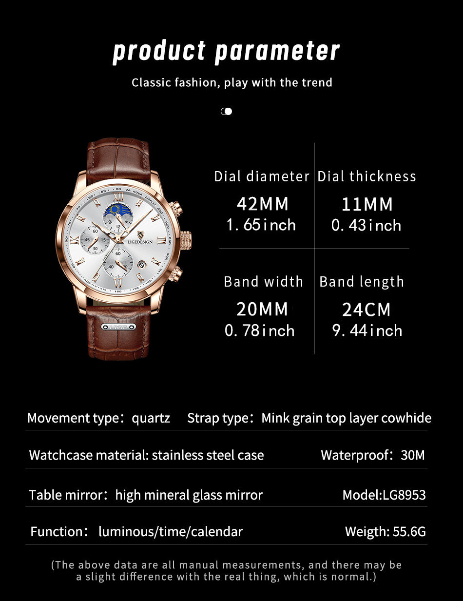 LIGE Men Watch Luxury PU Leather Sport Quartz Wristwatch Chronograph Watch For Men Masculino Men Gift Christmas Gift