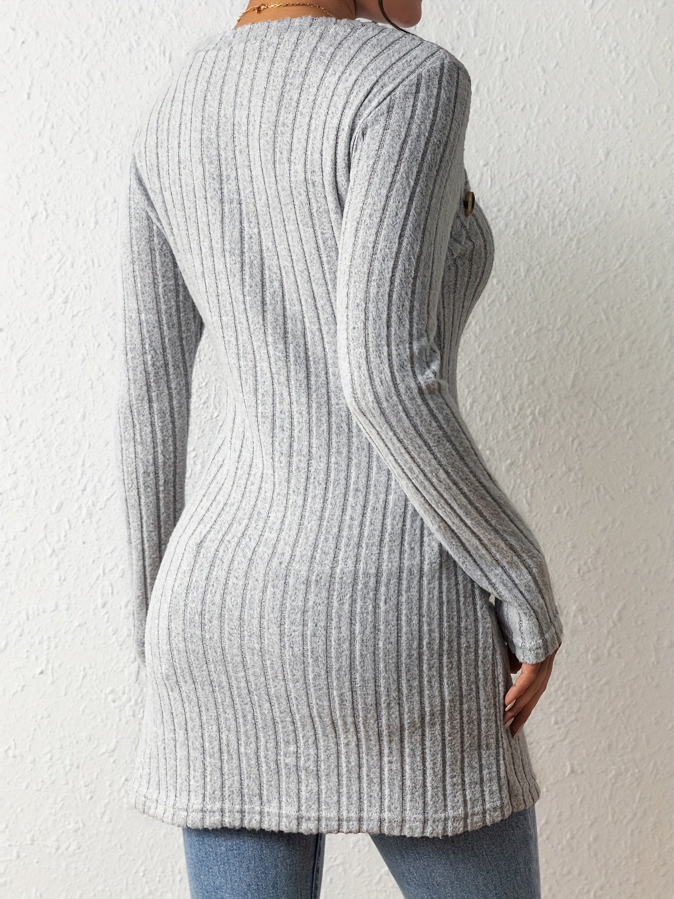 Button Decor Asymmetrical Hem T-Shirt, Casual Ribbed Long Sleeve Top For Spring & Fall, Women's Clothing