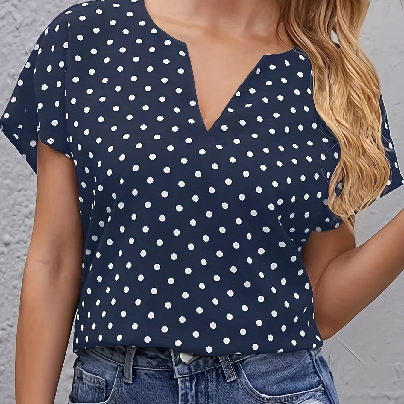 Women's Casual Fashion V-Neck Blouses - Polka Dot Print Short Sleeve Loose Fit Tops