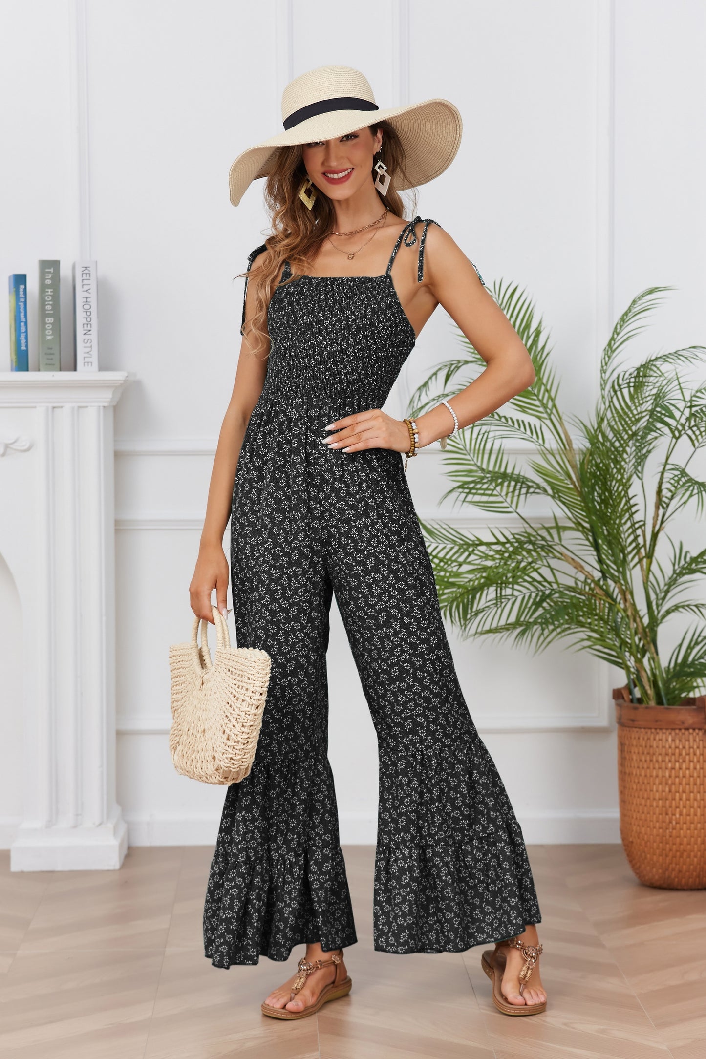Bohemian Chic Ditsy Floral Print Jumpsuit - Lightweight & Breathable Sleeveless Spaghetti Strap Vacation Wear - Flared Leg Womens Casual Fashion