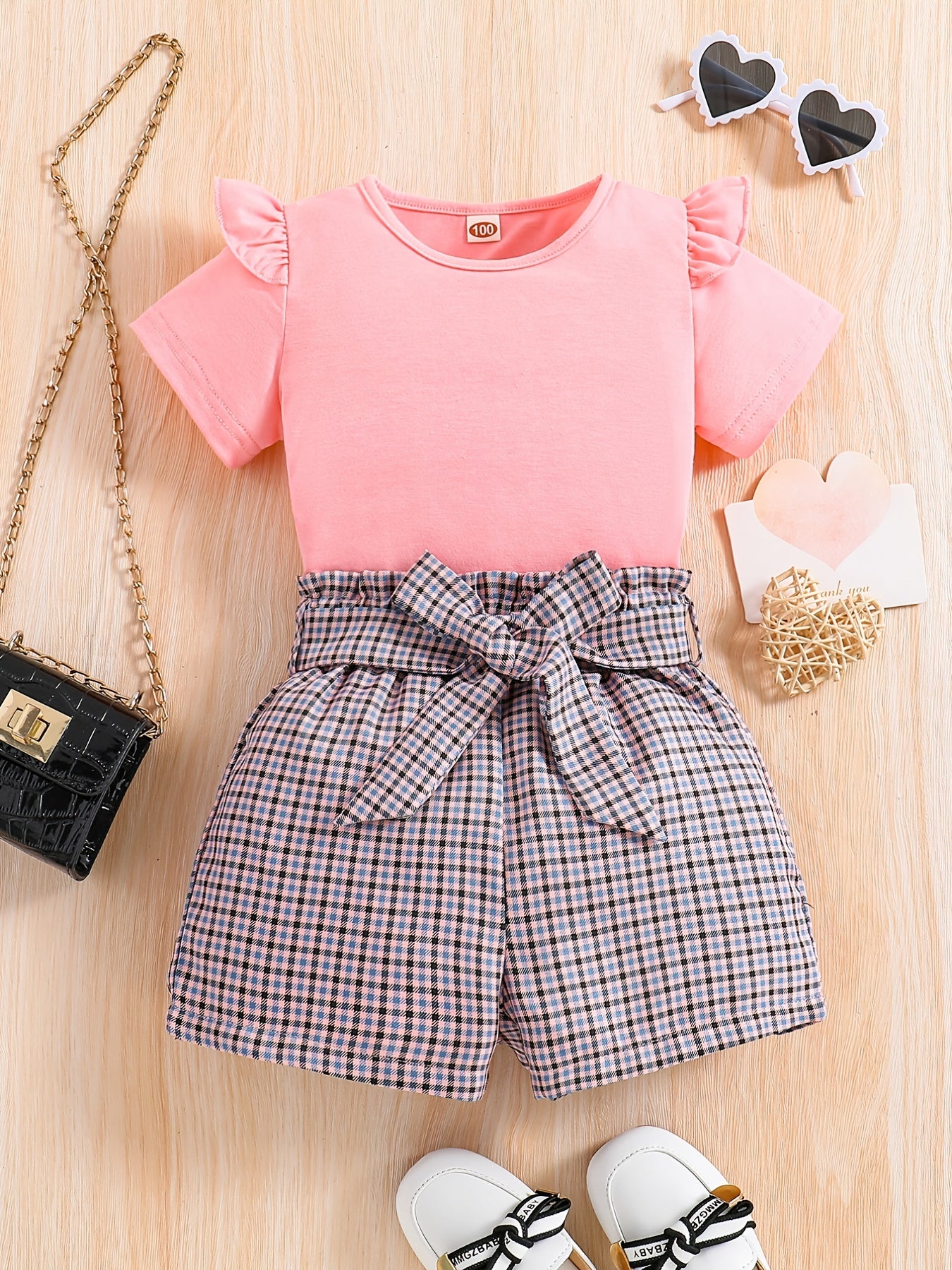 2pcs Girls Round Neck T-Shirt Ruffles Short Sleeves Tee Tops & Belted Plaid Shorts Set Summer Clothes
