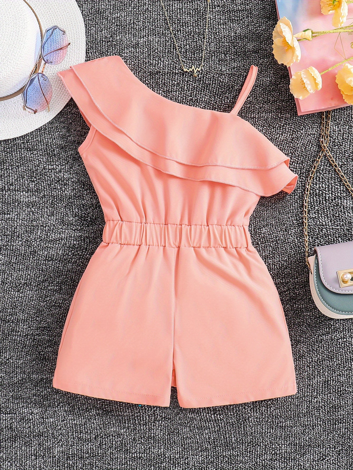 Adorable Girls' White One-Shoulder Romper Jumpsuit - Ruffled, Sleeveless, Summer Outfit for Kids - Breathable, Soft, Comfortable Clothing for Little Princesses