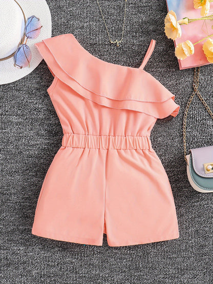 Adorable Girls' White One-Shoulder Romper Jumpsuit - Ruffled, Sleeveless, Summer Outfit for Kids - Breathable, Soft, Comfortable Clothing for Little Princesses